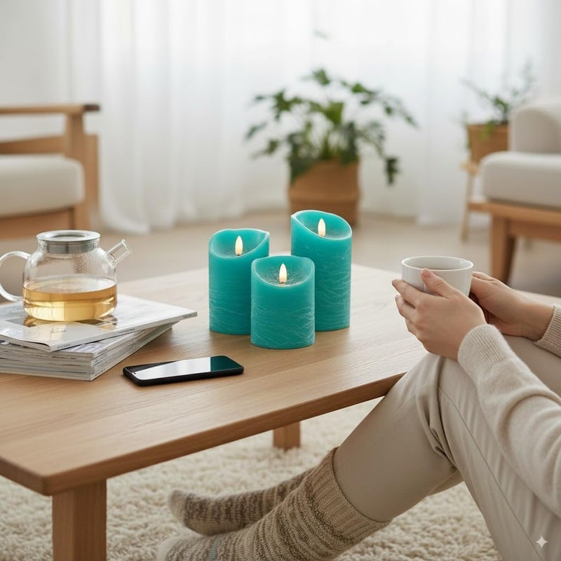 VENTA Turquoise Real Wax Flameless Candles, Set of 3 | Realistic Teal LED Pillar Candles with Remote & Timer | Perfect for Coastal, Beach House & Nautical Decor - Image 3